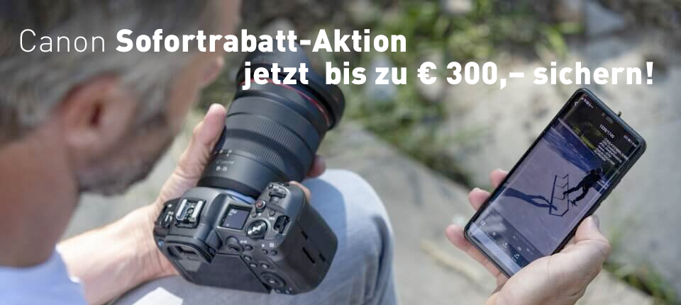 Sichern Sie sich den Sofortrabatt von bis zu € 300,– beim Kauf einer Canon EOS R, Canon EOS R6 und Canon EOS R5 Kamera.